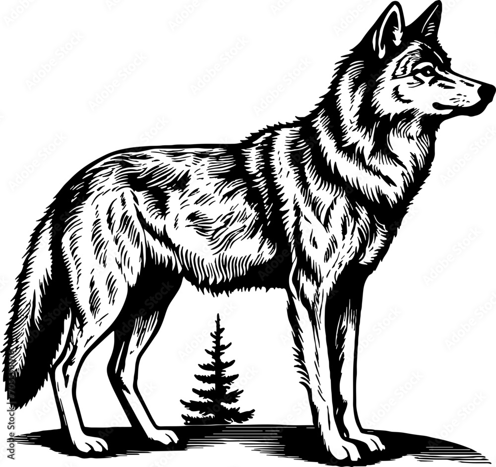 Fototapeta premium Line Art Engraving of Wolf standing, Black and White Detailed Vector Illustration, Isolated Animal Design on White Background