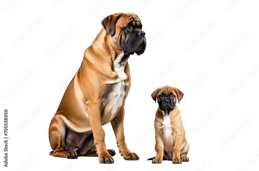 Bullmastiff puppy and mother sitting  Isolated on a transparent background