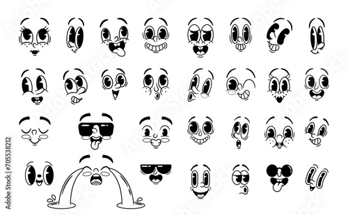 Cartoon Collection of Retro Emoji Characters. Vector Monochrome Set. Happy, Smile Cool And Crying, Wink Eye