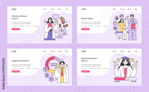 Comprehensive Health Webpages set. Addressing disease prevention, patient safety, holistic care, and advancing medical training. Flat vector illustration.