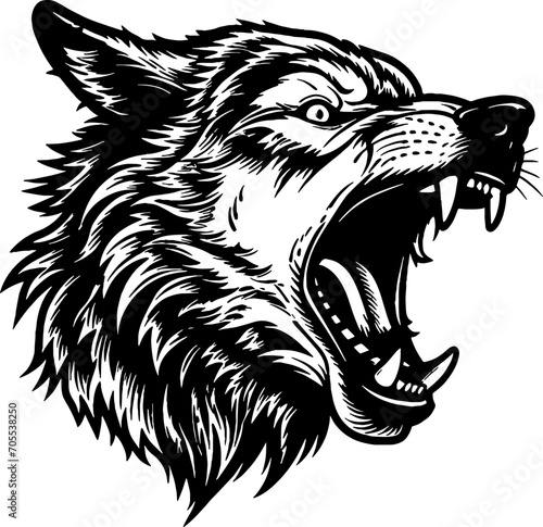 Line Art Engraving of Furious Wolf Head Profile, Black and White Detailed Vector Illustration, Isolated Animal Design on White Background