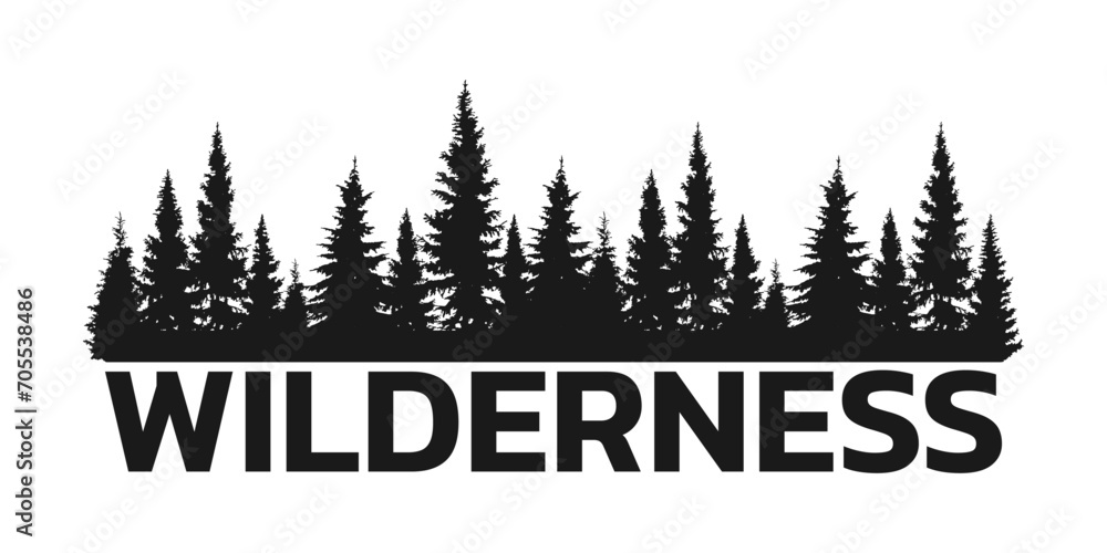 Wilderness, forest logo with pine tree silhouette. Adventure, hiking, outdoor emblem. Vector illustration. - obrazy, fototapety, plakaty 