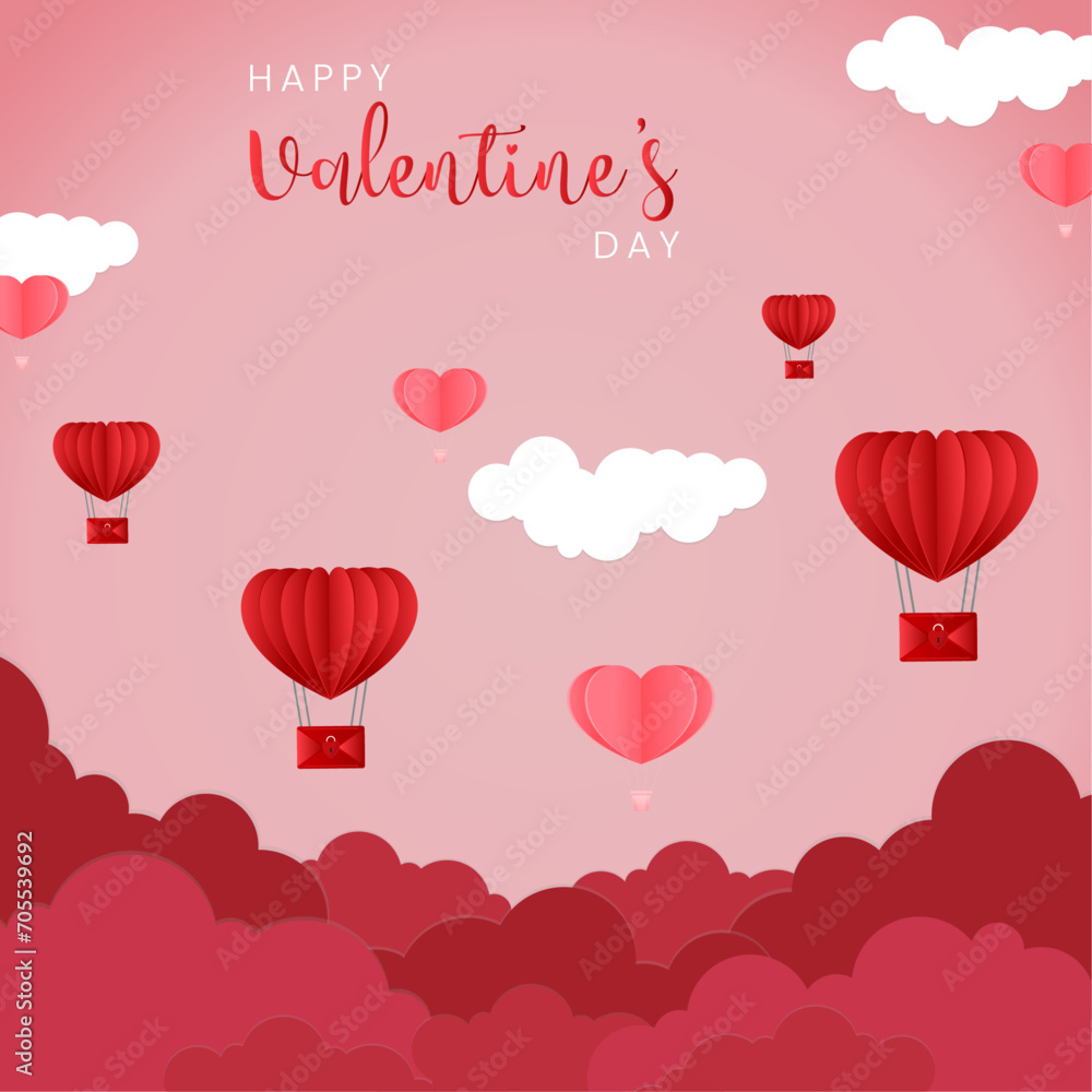 Red heart balloon floating it the sky, Happy Valentine's Day banners, paper art style.
