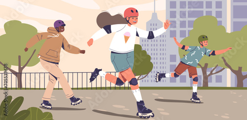 Children Characters Gleefully Ride Rollers In The Park Or Rink, Laughter Echoing As They Navigate The Paths With Joy