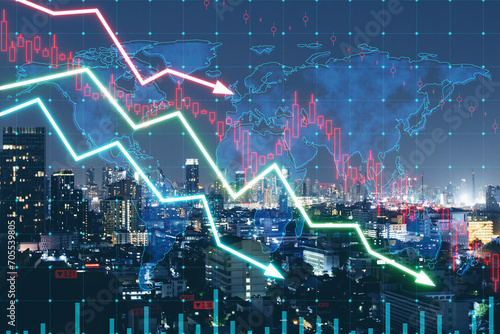 Abstract falling forex chart arrows on blurry night city background. Financial crisis, trade and recession concept. Double exposure.