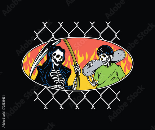 HAND DRAWN GRIM REAPER AND SKATER VECTOR ILLUSTRATION