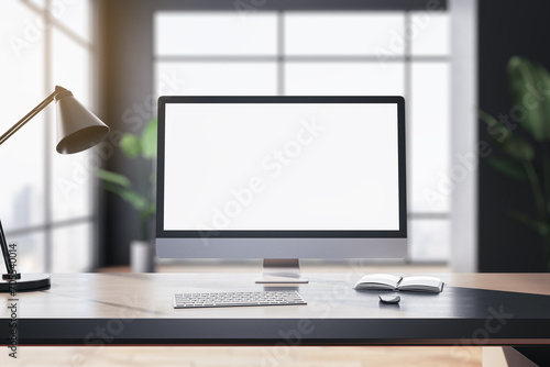 Modern designer table with white computer monitor, coffee cup, supplies, other objects and window with city view in the background. Mock up, 3D Rendering.