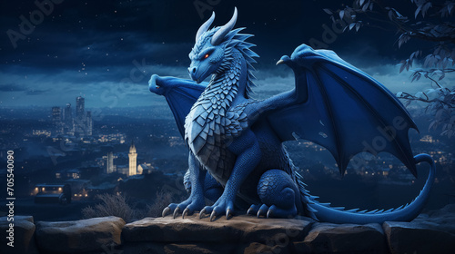 Majestic blue dragon overlooking a night city. © RISHAD