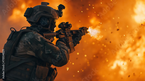 A soldier in combat gear firing amidst explosion.