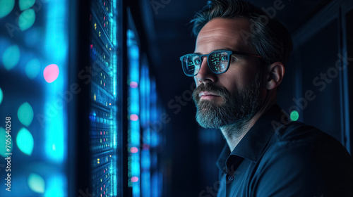 A tech expert in glasses stands by server racks. © RISHAD