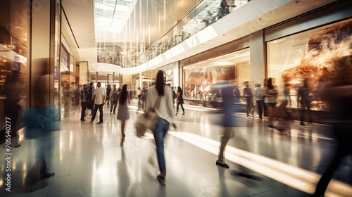 Photographie Motion blur of people bustling in a shopping mall. Ai generate.
