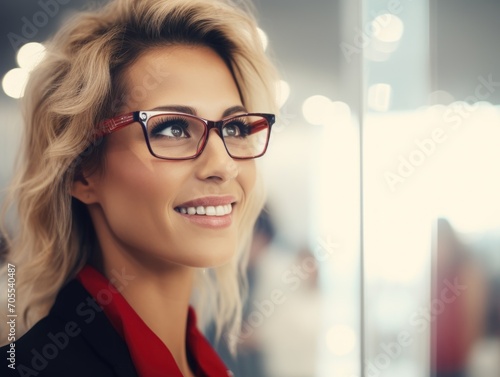 close up of woman in glasses with virtual screen, girl trying on smart glasses.