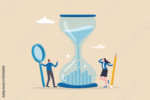Time management or employee timesheet analysis, time tracking efficiency or productivity, working hour or project schedule concept, business people project manager analyze time graph in sandglass. photo
