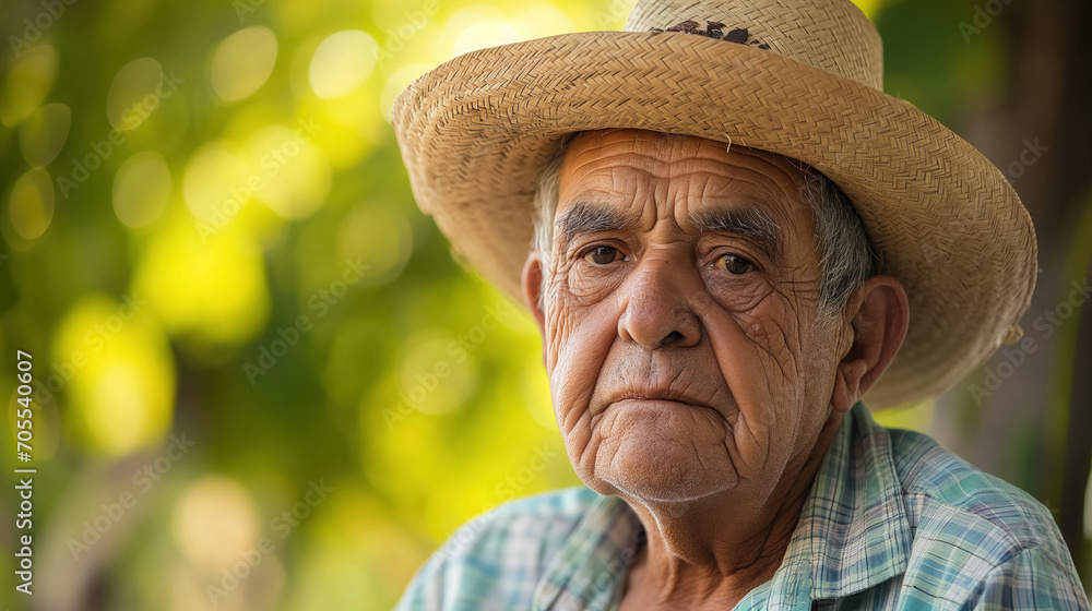 Fototapeta premium Elderly man with deep-set eyes and straw hat.