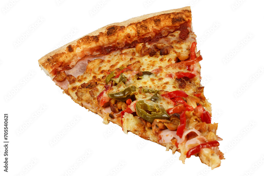 Slice of pizza without background. Jalapeno pizza with pepper and ham. Slice of pizza without background. Jalapeno pizza with pepper and ham.