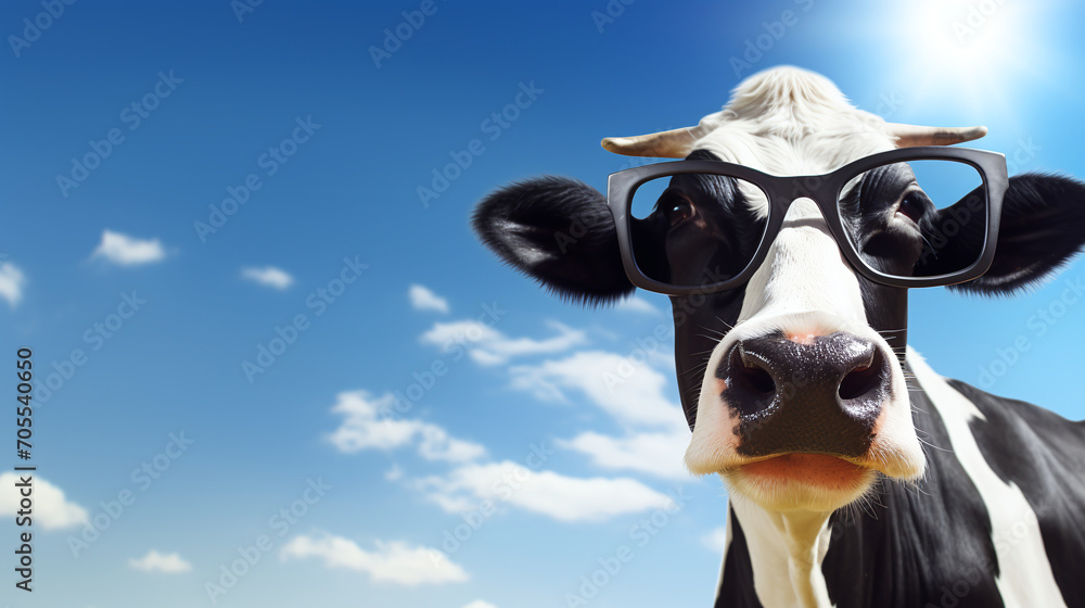 Dairy cow in sunglasses and bright sky background. Ai generate.