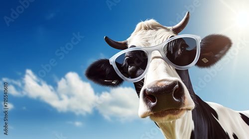 Dairy cow in sunglasses and bright sky background. Ai generate. © MOUNTAIN