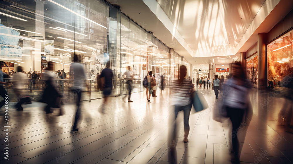 Motion blur of people bustling in a shopping mall. Ai generate.