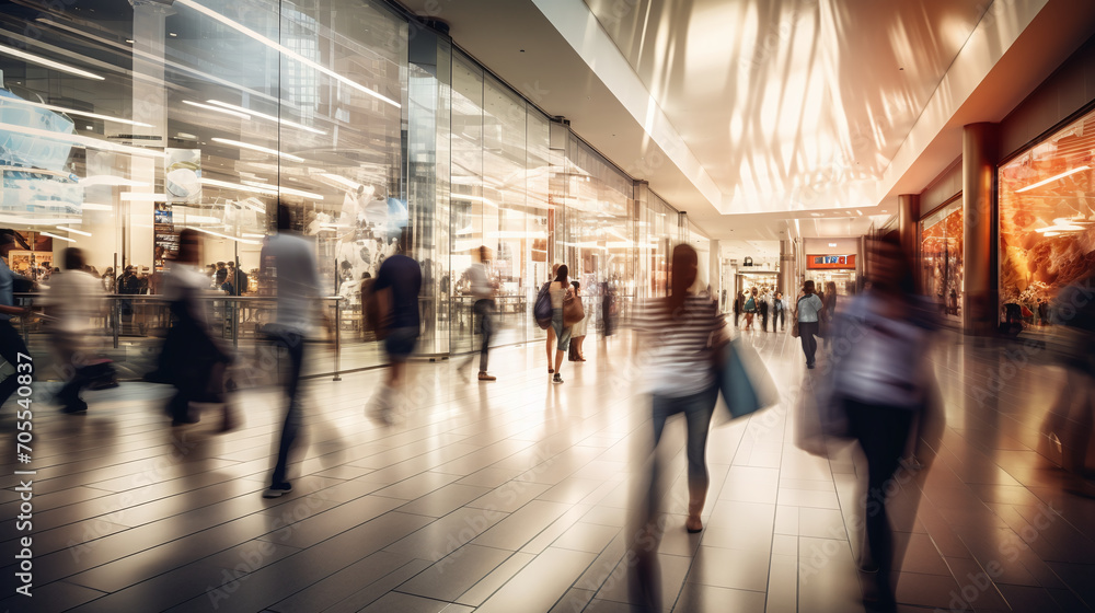 Fototapeta premium Motion blur of people bustling in a shopping mall. Ai generate.