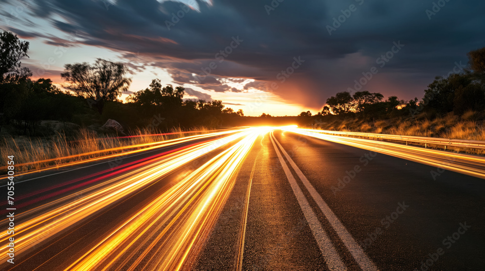 Night highway with light trails.