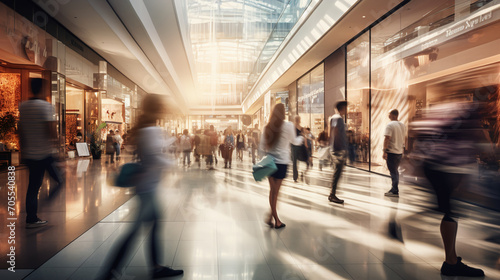 Motion blur of people bustling in a shopping mall. Ai generate.