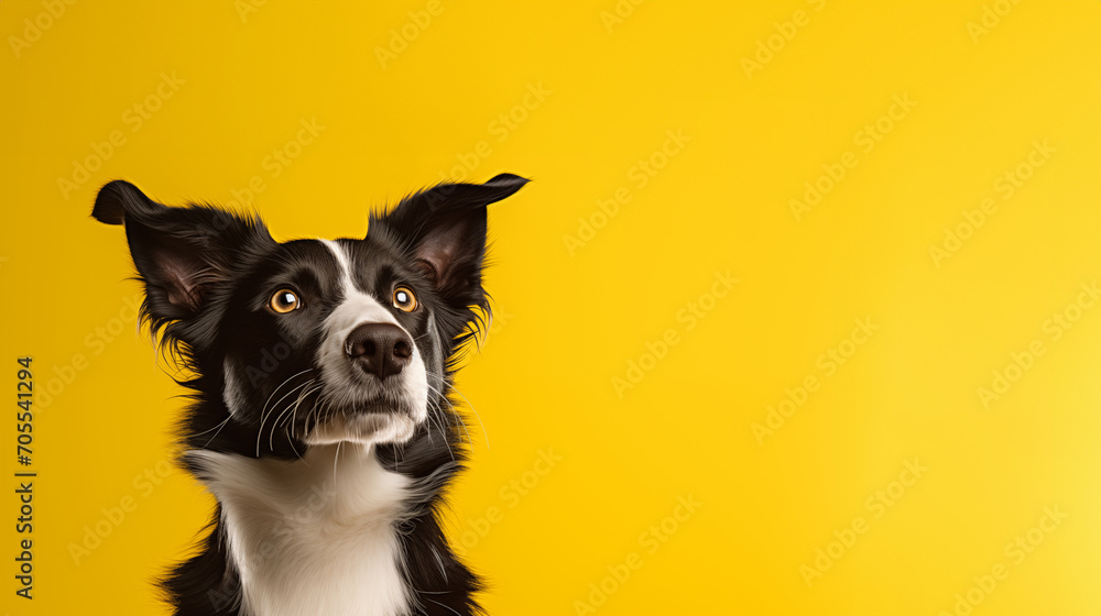 black and white dog looks up waiting for food on a yellow background