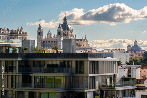 Panoramic view of Madrid with the Cathedral of Santa María la Real de la Almudena in the background photo