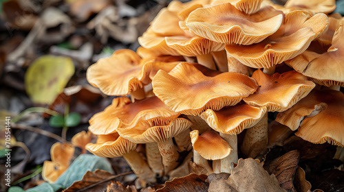 Cluster of wild mushrooms close-up.