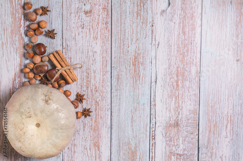  Autumn flatlay with pumpkin, chestnuts, star anise, cinnamon and cobnuts on a white wooden background with copyspace