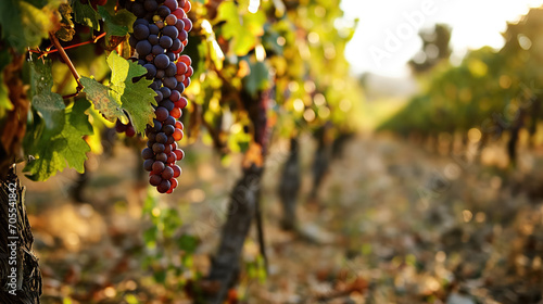 Ripe grapes on vine in sunlit vineyard.