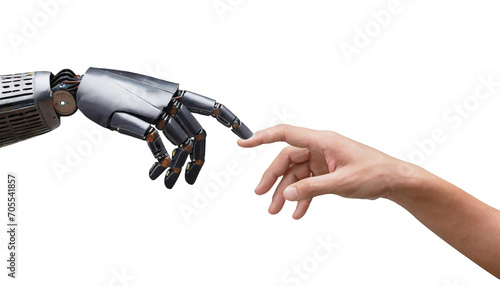 AI, Machine learning, Hands of robot and human touching on white backgorund photo