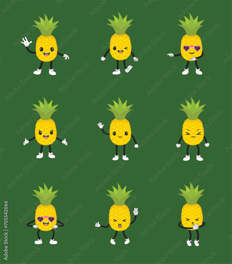 Obraz premium Cartoon pineapple emoticon with eyes. Pineapple character with emotions