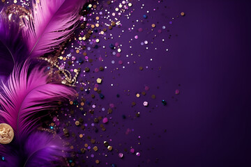Feathers on a purple background, suitable for design with copy space, Mardi Gras celebration.