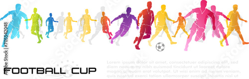 Football game. Soccer players in action, kicking ball for winning goal. Abstract vector illustration. Horizontal border from rainbow sportsman silhouettes.