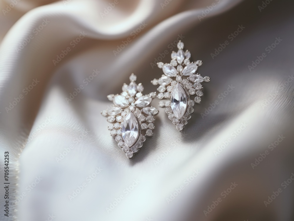 Close-up of bride's stunning diamond earrings Close-up of bride's stunning diamond earrings