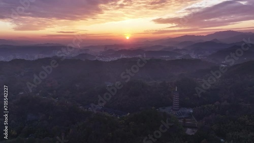 tower in temple with sunset photo