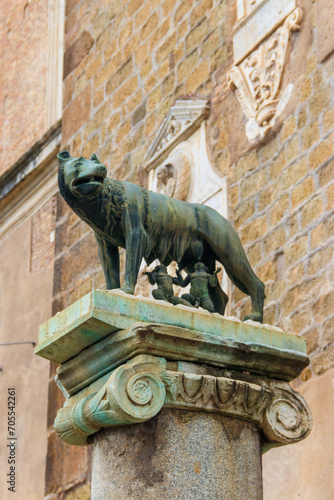 Capitoline Wolf, bronze sculpture of the mythical she-wolf suckling the infant twins Romulus and Remus, in Rome, Italy. Scene from the legend of the founding of Rome