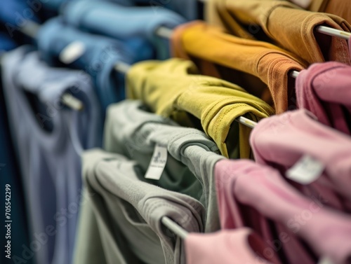 stock picture of print manufacturer  showing stock of muted colorful blank tshirts.