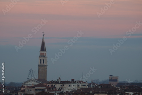 Tower of San Francesco della Vigna at sunset. Venice, northern Italy