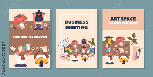 Vector Banners Featuring Dynamic Business Discussions Top-view. Elevate Your Strategies, Cultivate Ideas, Drive Success