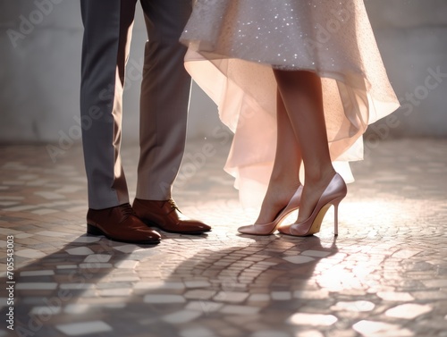 Bride and groom dance with focus on feet and shoes