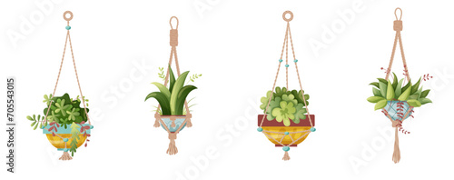 Houseplant and macrame plant growing in pots. Set of handmade home decorations macrame plants isolated on white background. Cartoon flat illustration.