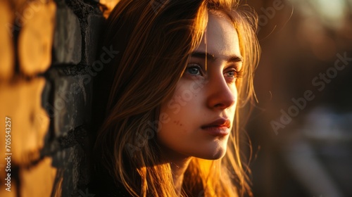 portrait of a woman, Golden Hour Light Illuminating a Person’s Hair by a Stone Wall