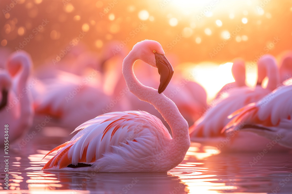 Naklejka premium Flamingos at Lake in Radiant Sunset Glow