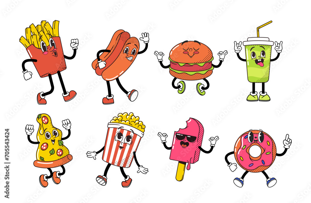Obraz premium Cartoon Retro Fast Food Characters Set. French Fries, Hotdog, Cola Drink And Ice Cream. Pizza Slice, Pop Corn