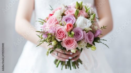 Spring wedding bouquet with pink roses flowers In the hands of the bride