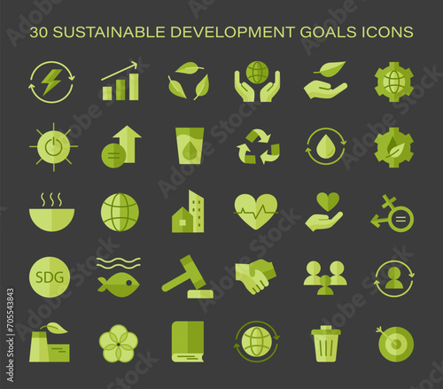 Sustainable development goals icon set. Global objectives visual guide. Ecology, energy, equality, and education focus. Comprehensive icons for awareness and education. Flat vector illustration.