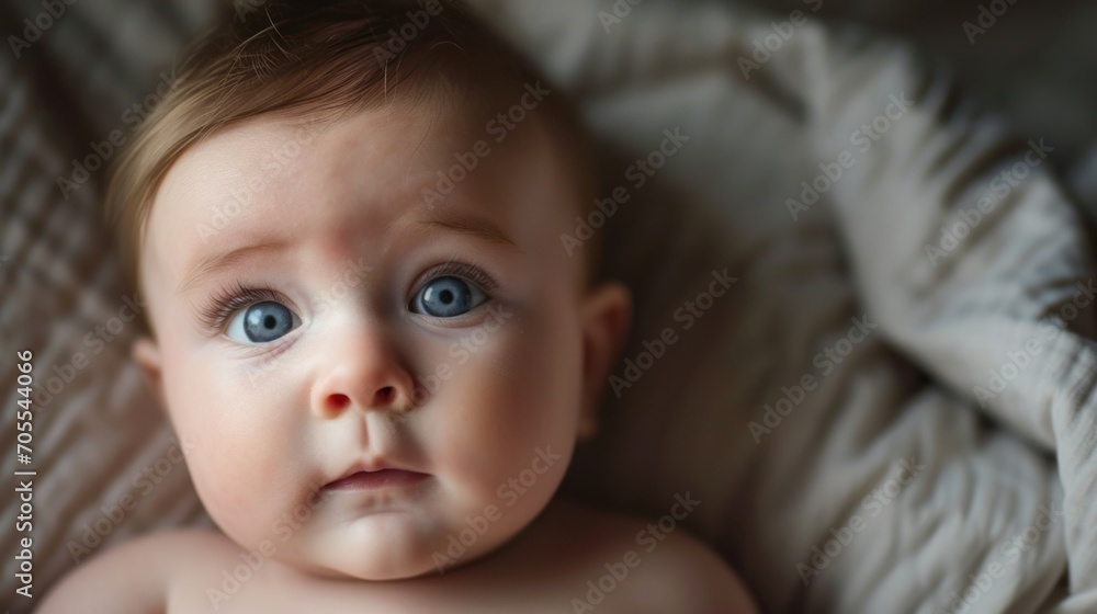portrait of a baby, top angle image of a child lying on the bed