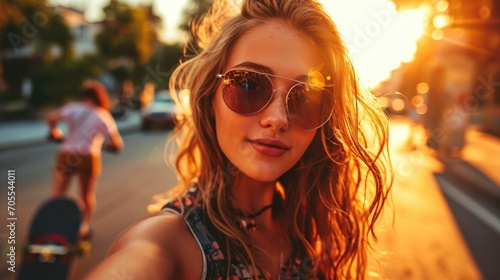 Fotografia, Obraz Girl with Skateboard and Selfie
