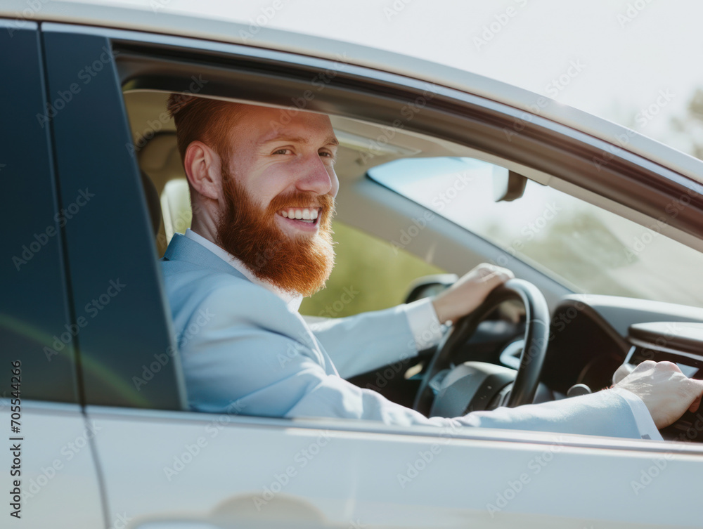 a happy stylish caucasian man in light blue suit is driving white car, Sale transport concept. a happy stylish caucasian man in light blue suit is driving white car, Sale transport concept.